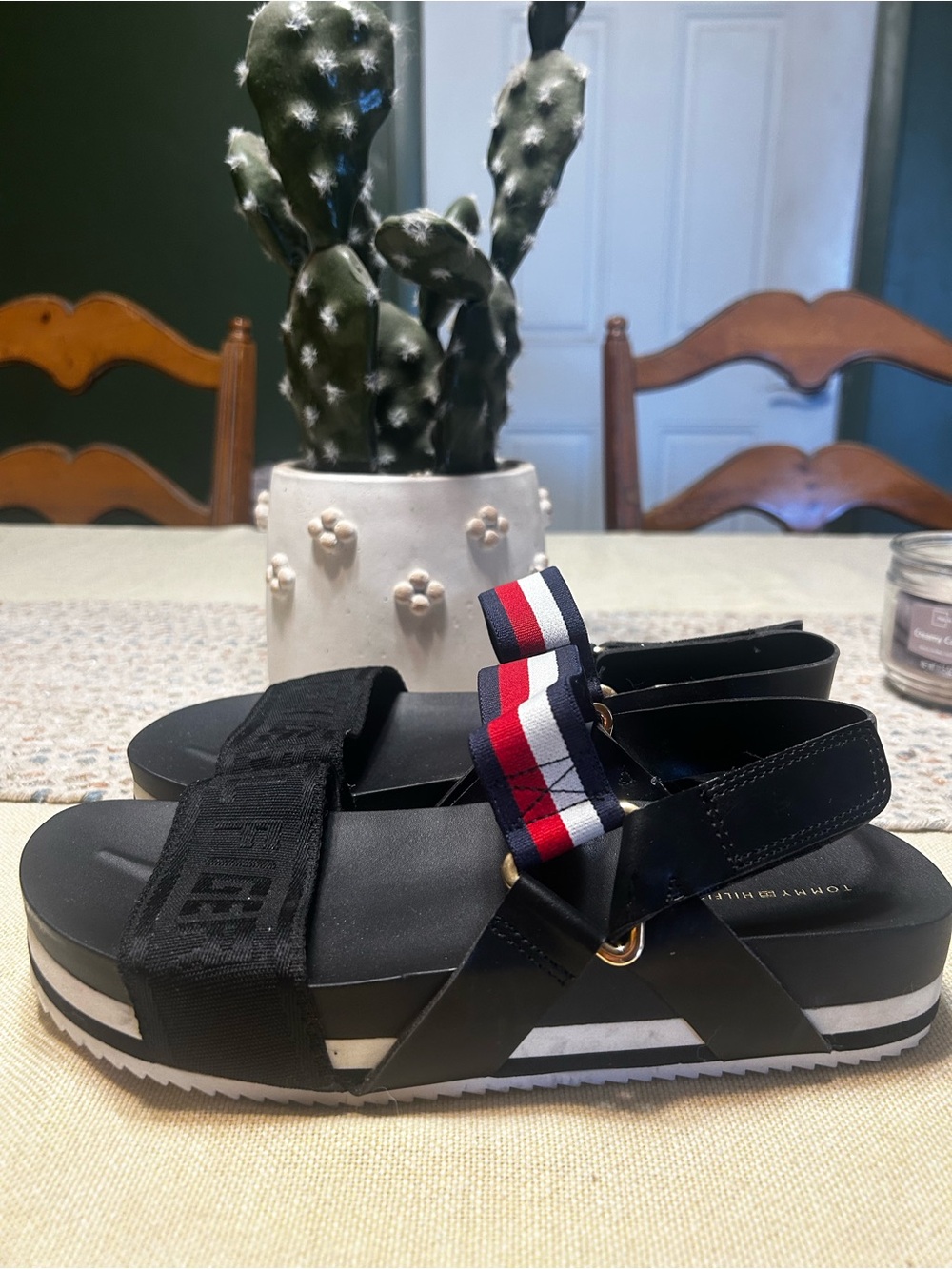 Tommy Hilfiger Black Platform Sandals with Red White Blue Ribbon